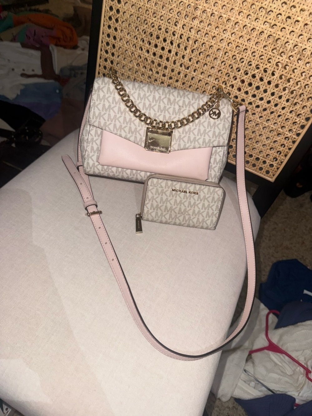 Michael Kors Pink and Beige Logo Chain Crossbody with Wallet